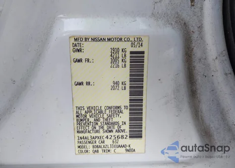 2014 Nissan Altima 2.5 Sl z USA, uszkodzony, nr VIN 1N4AL3APXEC425682